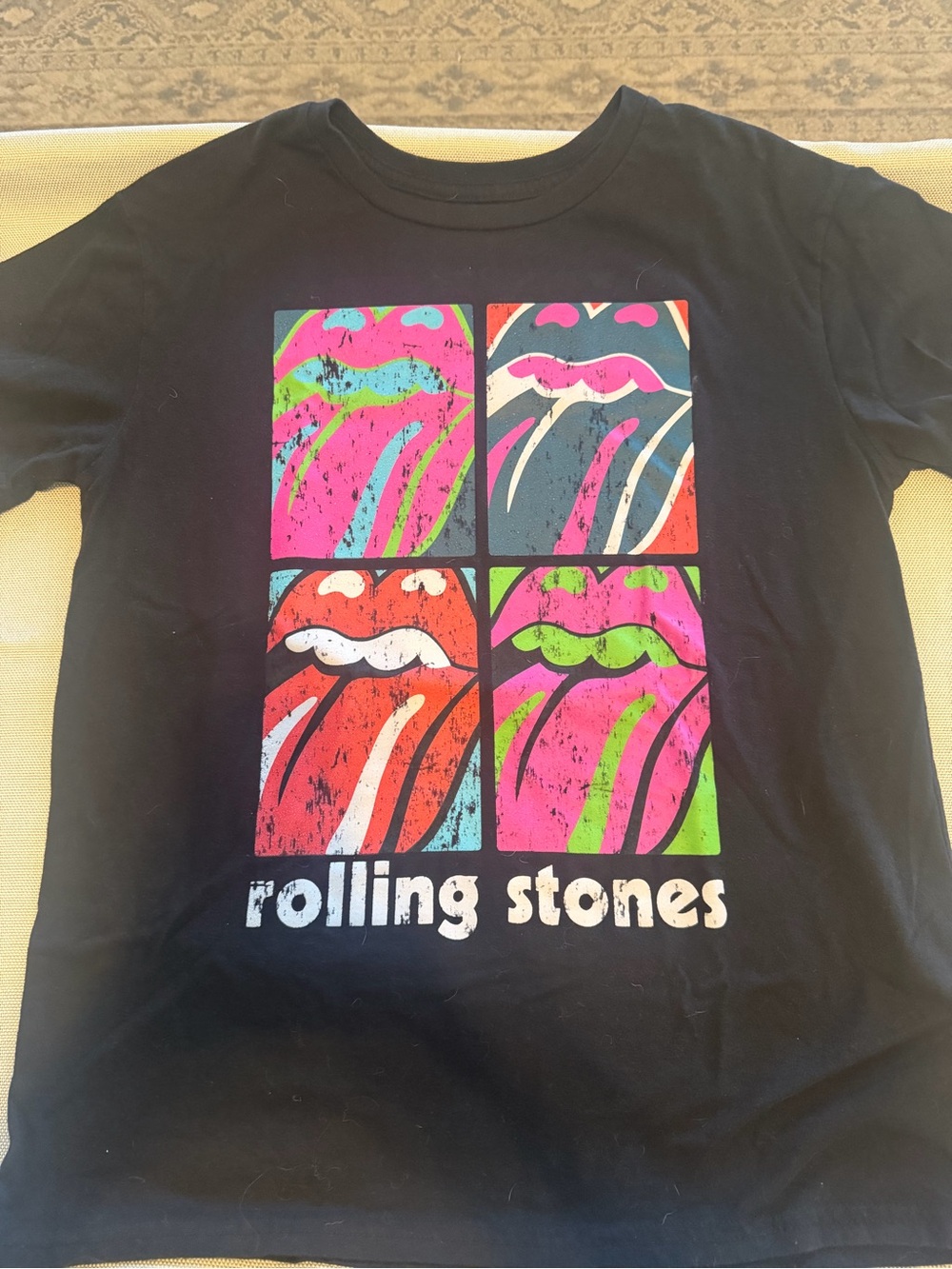 The Rolling Stones Black Tee with Multicolor Pop-Art Tongues